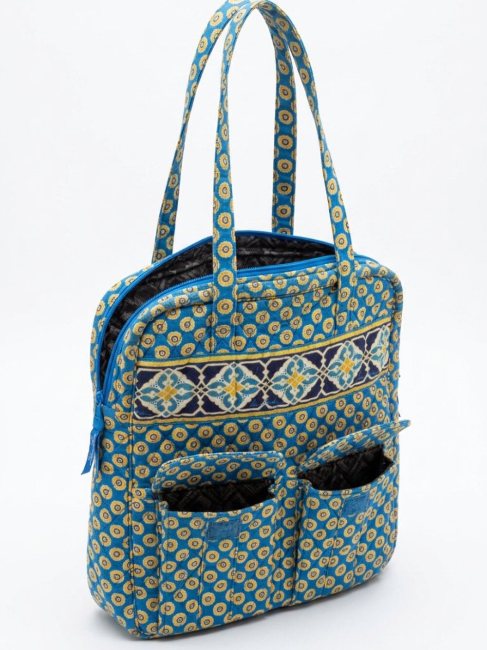 Vera Bradley Quilted Tote Blue Yellow Floral 14x14 Zipper Top